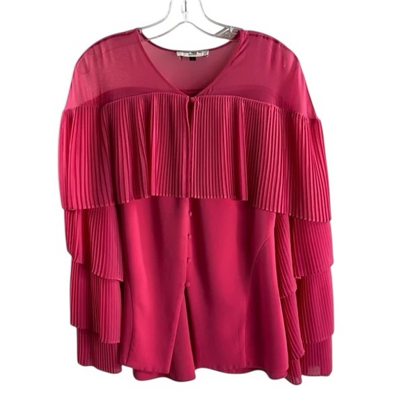 PRABAL GURUNG Cady Hot Pink Pleated Elegant Pink Ruffled Blouse Top Size 8 - Picture 1 of 3